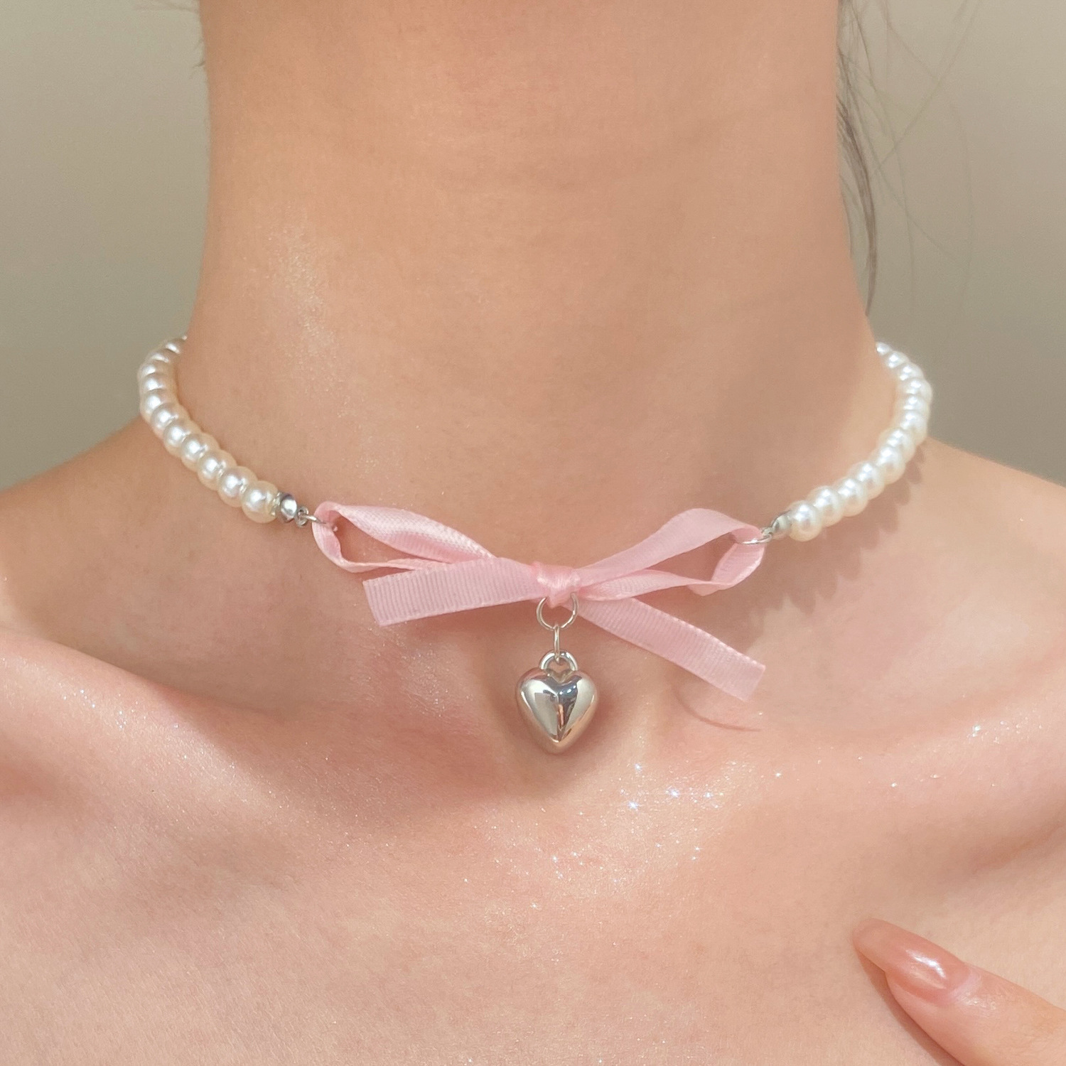 Pearl Trim Chain - Franse Romantische Roze Strik Hart Hanger
